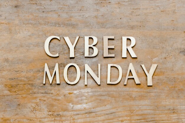 Cyber monday text on wooden background