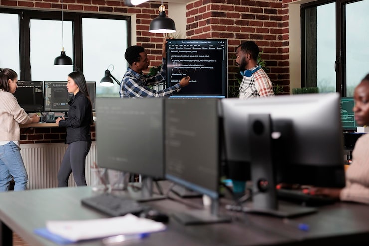 Free Photo cyber security company developers encrypting cloud processing data system using blockchain technology. cybernetics engineers reviewing lines of code in order to secure mainframe database storage.