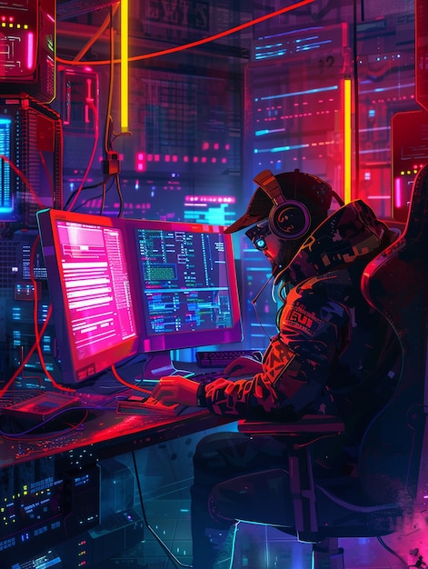 Free Photo | Cyber security expert working with technology in neon lights