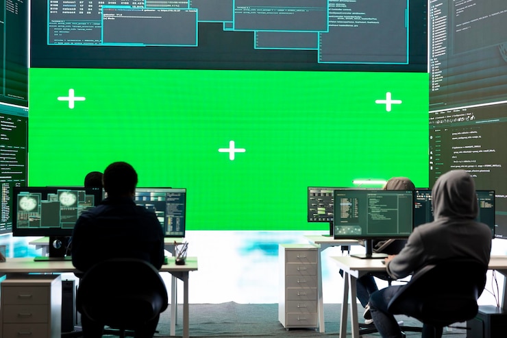 Free Photo cyber security experts working with mockup layout on a big screen