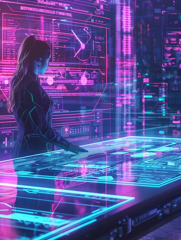 Free Photo cyber security experts working with tech devices and neon lights
