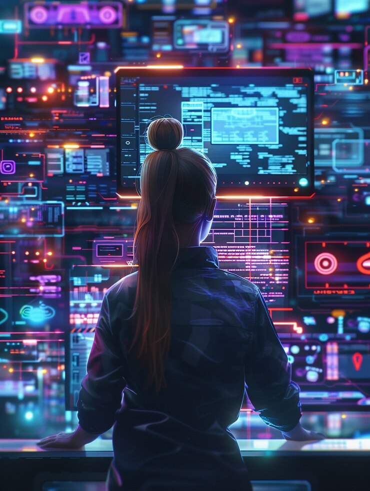 Free Photo cyber security experts working with tech devices and neon lights