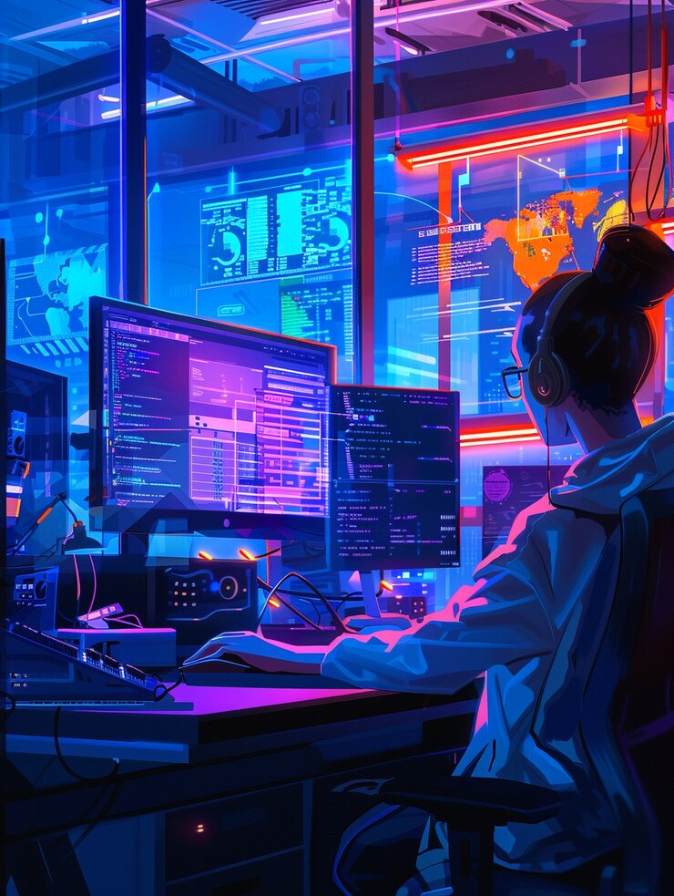 Free Photo cyber security experts working with tech devices and neon lights