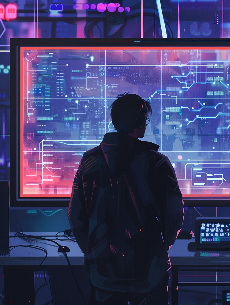Free Photo cyber security experts working with tech devices and neon lights