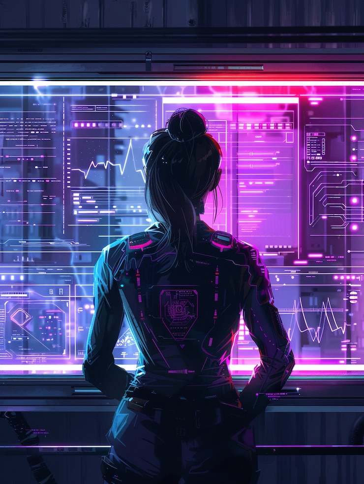 Free Photo cyber security experts working with tech devices and neon lights