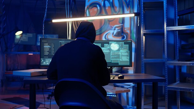cybercriminal arriving in underground bunker
