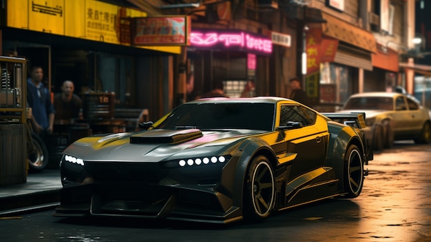 Cyberpunk car in urban scenery