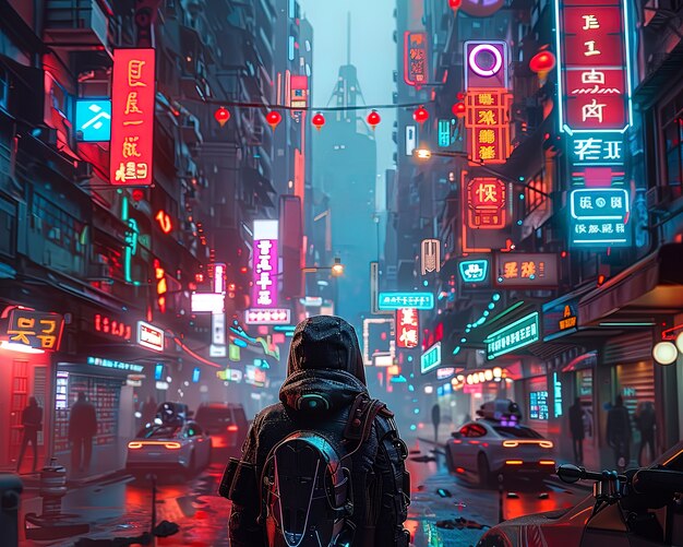 Cyberpunk city street at night with neon lights and futuristic aesthetic