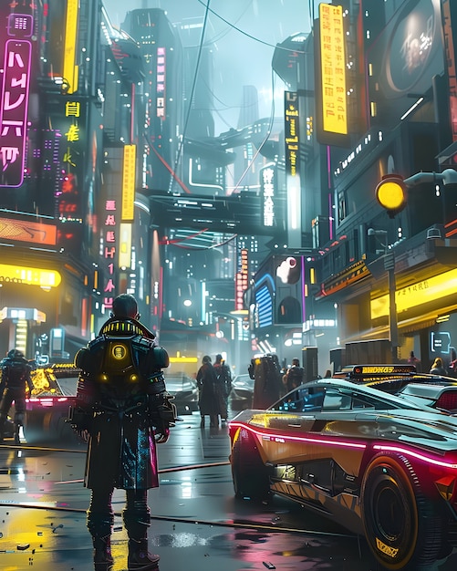 Cyberpunk city street at night with neon lights and futuristic aesthetic