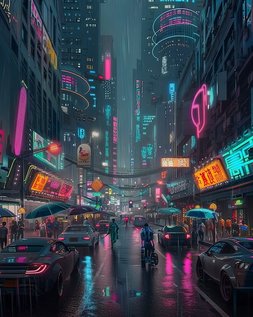 Cyberpunk city street at night with neon lights and futuristic aesthetic