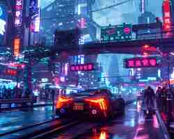 Free photo cyberpunk city street at night with neon lights and futuristic aesthetic