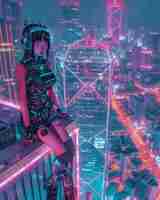 Foto gratuita strada della città cyberpunk di notte con luci al neon e estetica futuristica