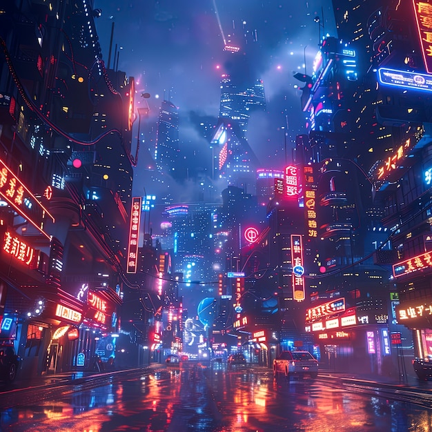 Cyberpunk city street at night with neon lights and futuristic aesthetic