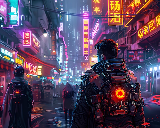 Foto gratuita strada della città cyberpunk di notte con luci al neon e estetica futuristica