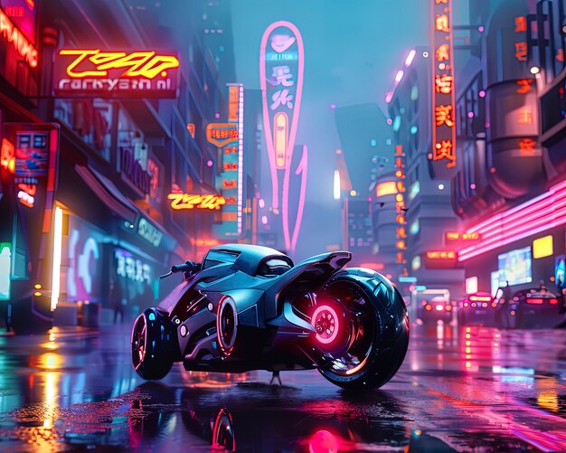 Cyberpunk city street at night with neon lights and futuristic aesthetic