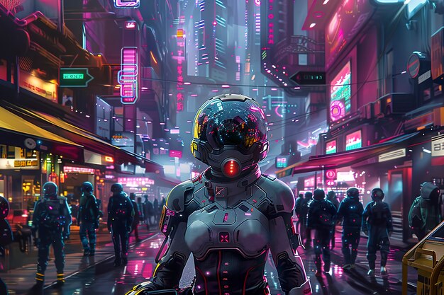 Cyberpunk city street at night with neon lights and futuristic aesthetic