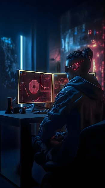 Free photo cyberpunk gamer sitting in front of a computer monitor and playing video games