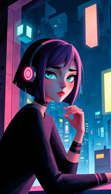 Cyberpunk girl listening to music at night