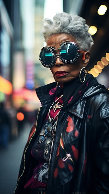 Free photo cyberpunk granny warrior portrait