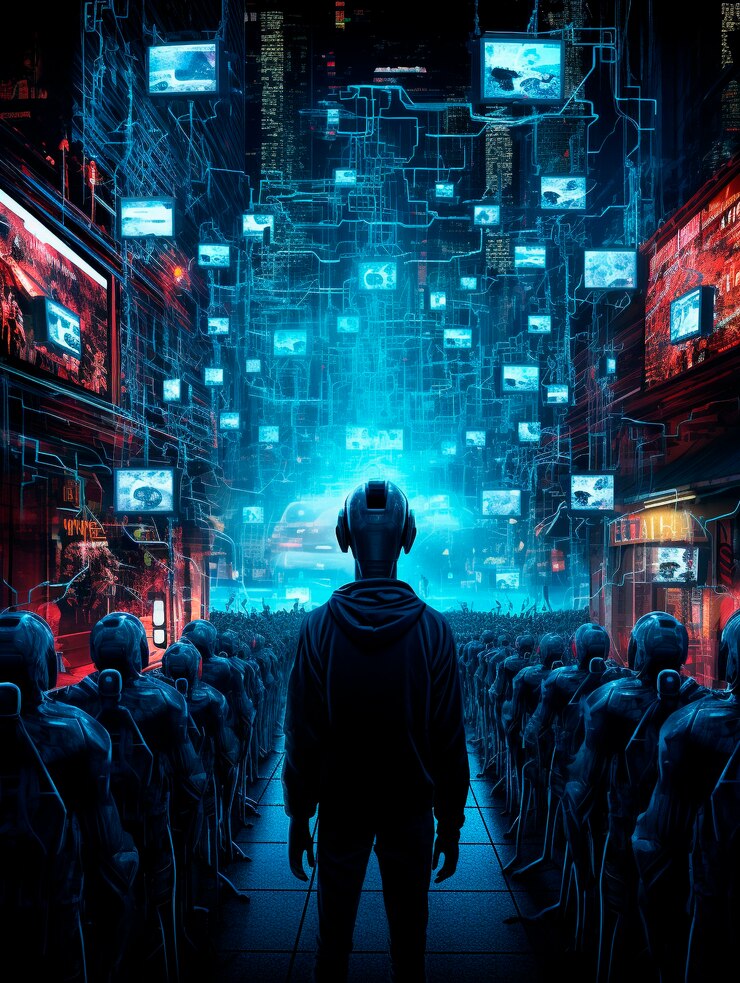 Free Photo cyberpunk illustration with futuristic technology and bright neon lights