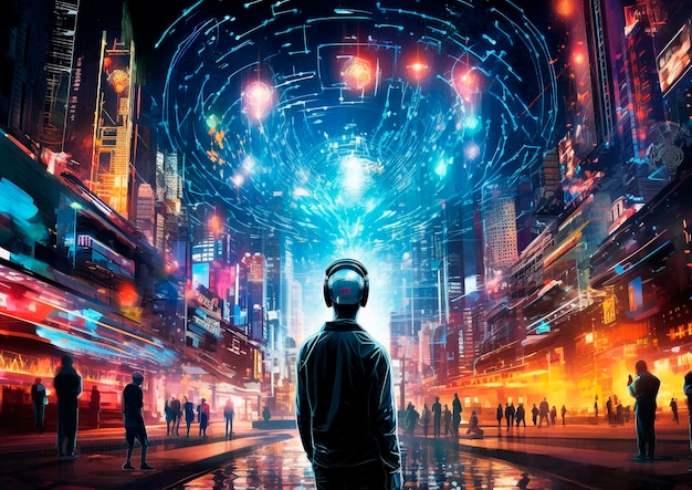 Free photo cyberpunk illustration with neon colors and futuristic technology