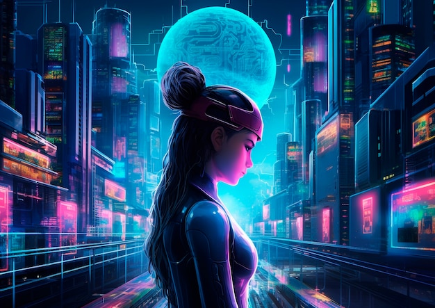 Free photo cyberpunk illustration with neon colors and futuristic technology