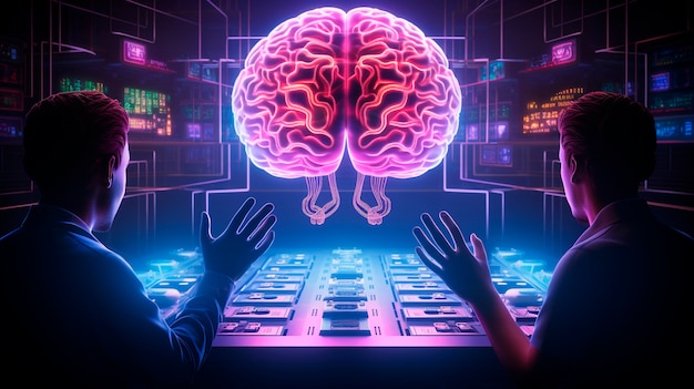 Cyberpunk illustration with neon colors and futuristic technology