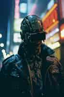 Foto gratuita guerriero uomo cyberpunk nel paesaggio urbano