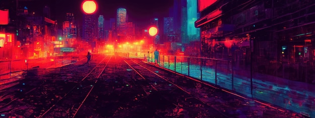 Free photo cyberpunk neon city night futuristic city scene in a style of pixel art 80's wallpaper retro future generative ai illustration urban scene