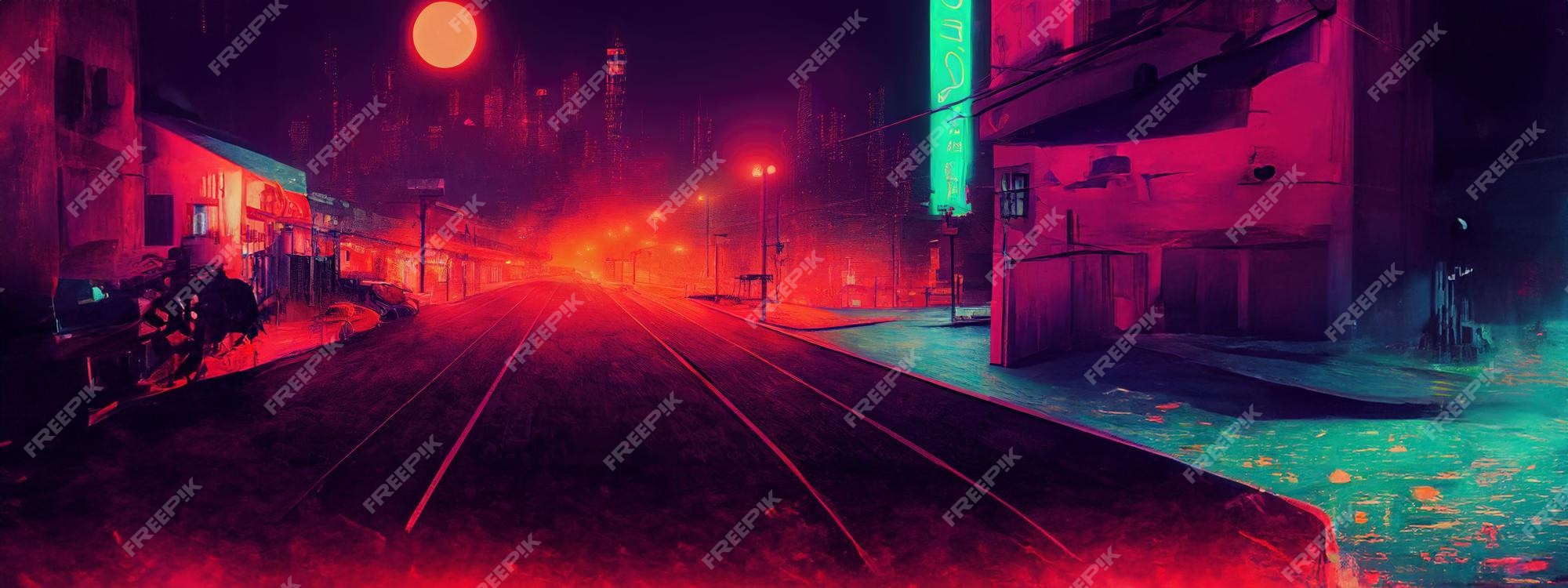 Cyberpunk city street. Sci-fi wallpaper. Futuristic city scene in a style  of pixel art. 80's wallpaper. Retro future 3D illustration. Urban scene.  Stock Illustration