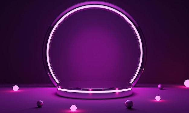 Киберпанк-розовый пустой подиум со светящейся лампой в темноте для презентации продукта технология и концепция scifi 3d рендеринг иллюстрации Premium Фотографии