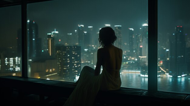 Cyberpunk warrior looking over city