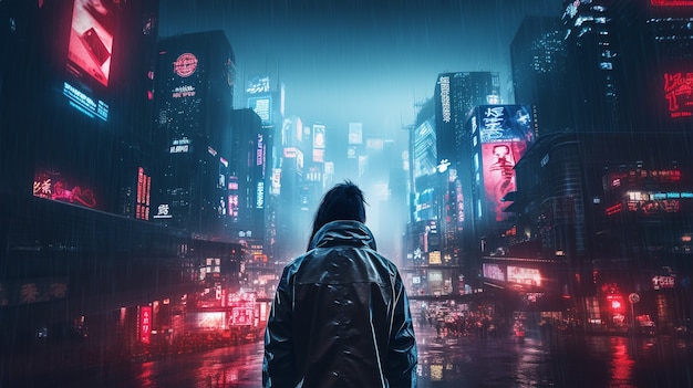 Foto gratuita guerriero cyberpunk che guarda sopra la città