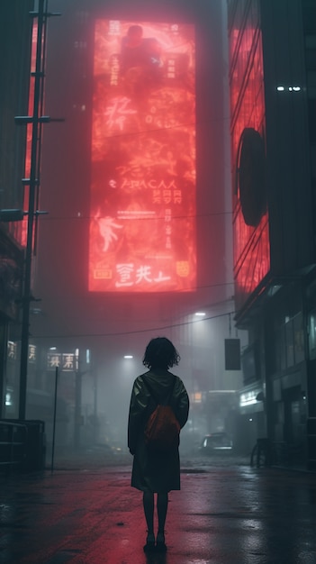 Free photo cyberpunk warrior looking over city