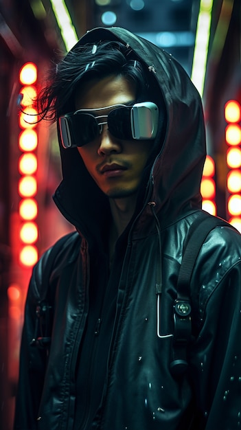 Free photo cyberpunk warrior in urban scenery