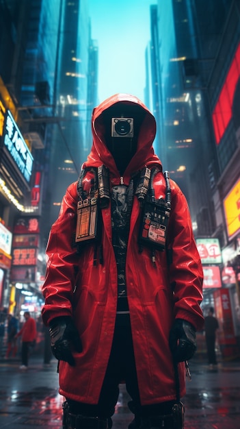 Cyberpunk warrior in urban scenery
