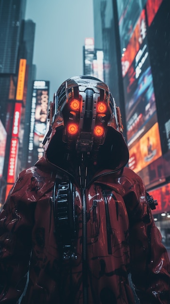 Foto gratuita guerriero cyberpunk in uno scenario urbano