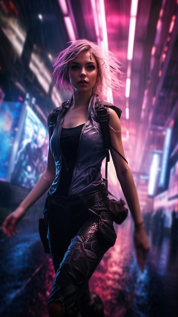 Cyberpunk woman warrior in urban scenery