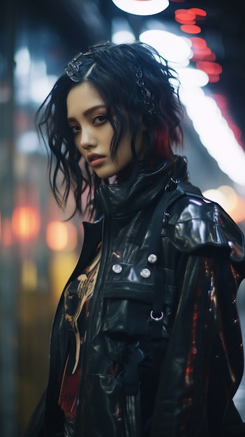 Foto gratuita guerriero donna cyberpunk nel paesaggio urbano