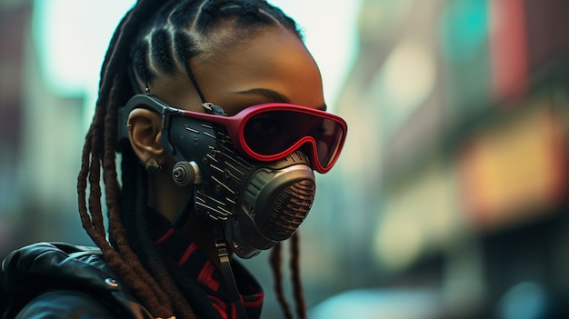 Free photo cyberpunk woman warrior in urban scenery