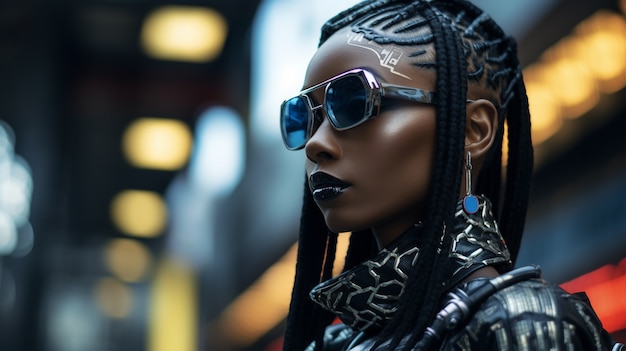 Cyberpunk woman warrior in urban scenery