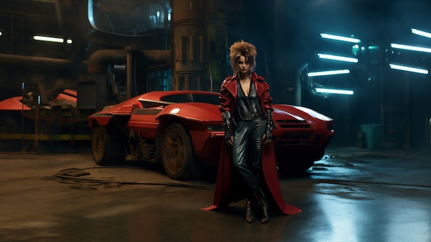 Free photo cyberpunk woman warrior with car