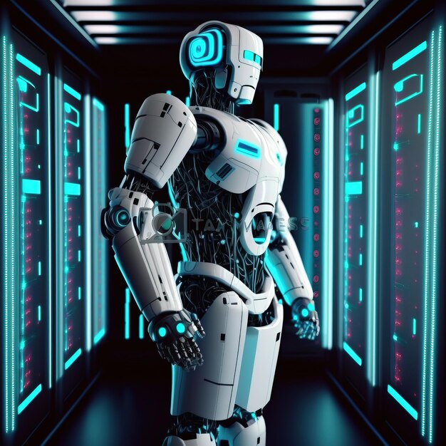 Cyborg robot d render robotic process automation rpa data analysis in server room generative aigener