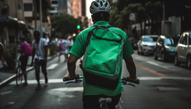 Cycling biker rushes through city traffic motion generated by AI