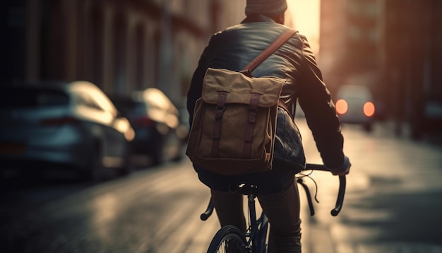 Free photo cycling businessman enjoys healthy city lifestyle outdoors generated by ai