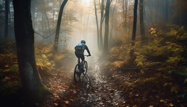 Cycling through foggy forest athlete healthy pursuit generated by AI