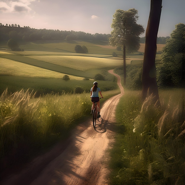 Foto gratuita ciclista che guida una bicicletta su una strada sterrata attraverso un bellissimo paesaggio estivo