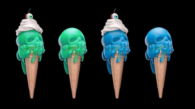 D render green and blue melting ice cream in the form of a skull on a black background
