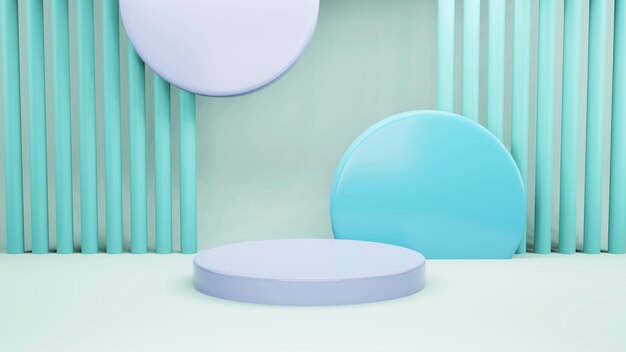 D render illustration mock up podium for product presentation pastel blue background arc with curtai