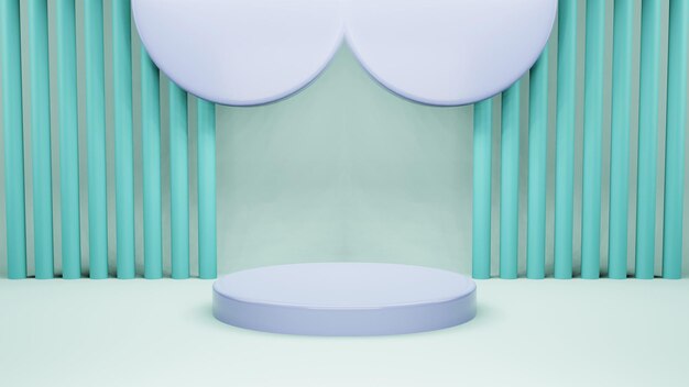 D render illustration mock up podium for product presentation pastel blue background arc with curtai